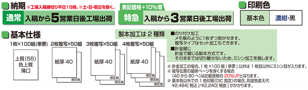 オリジナル伝票の納期と基本仕様